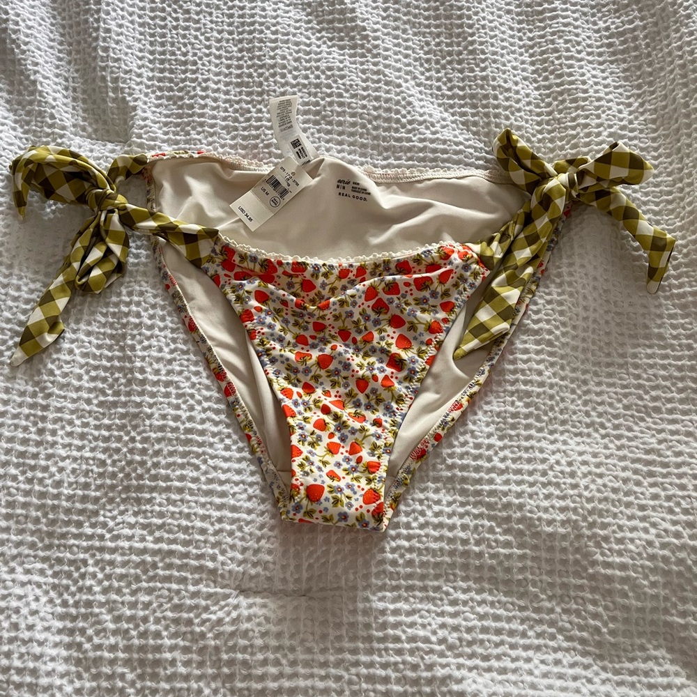 aerie White strawberry & Olive Green Tie-Side Bikini Bottoms